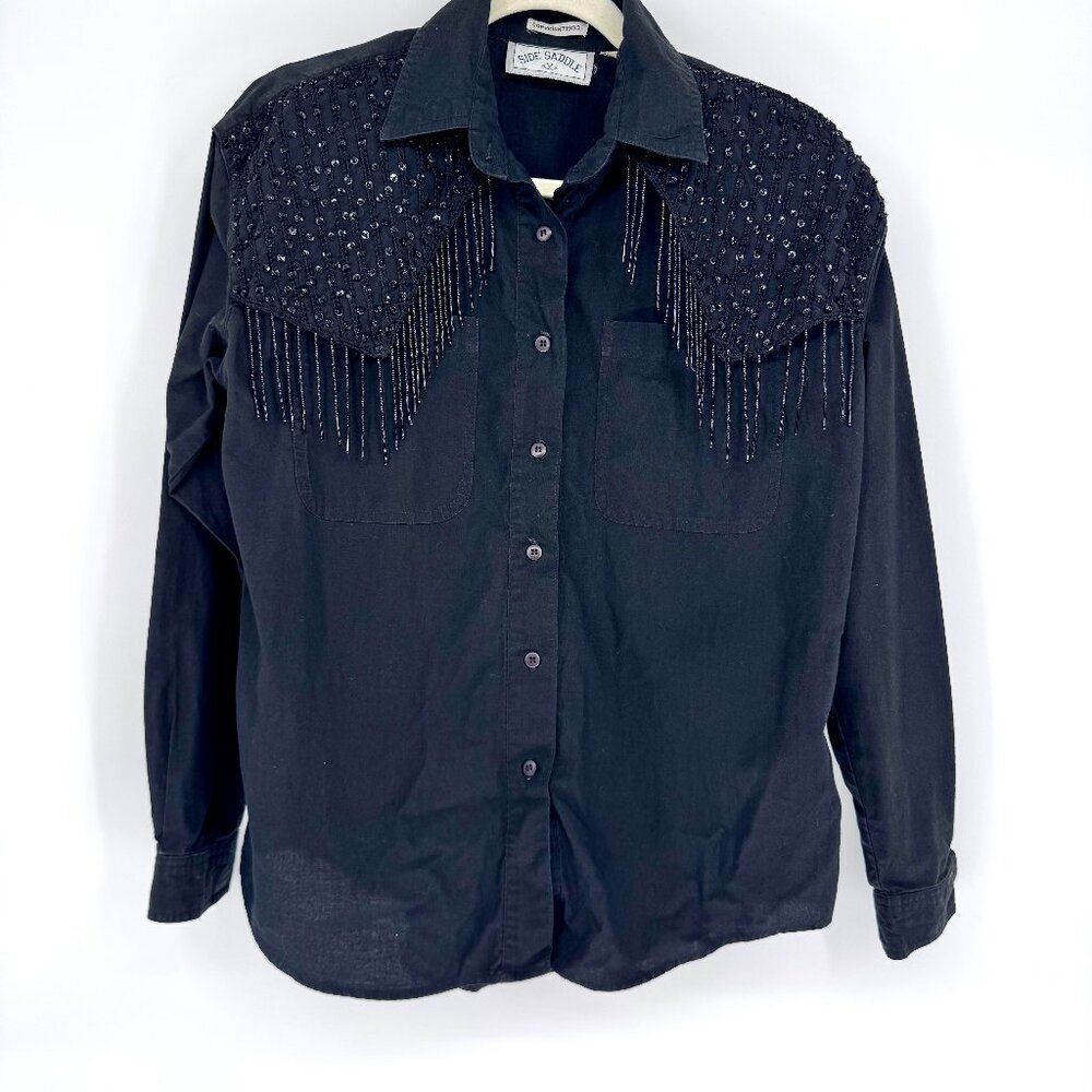 Vintage Western Black Beaded Fringe Sequin Button-Down Shirt 90s Rodeo